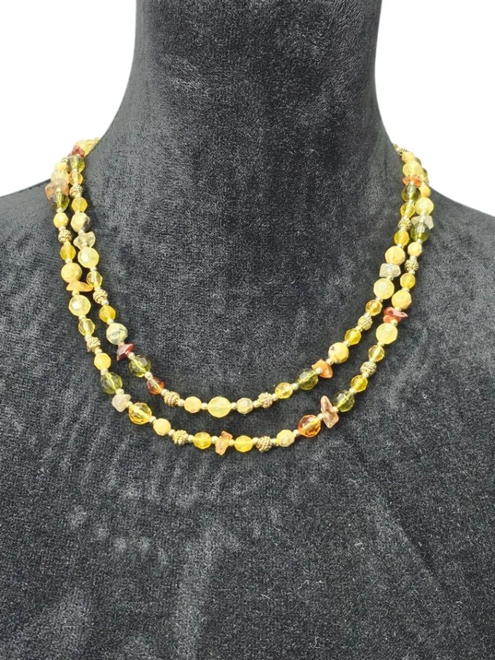 Double Strand Vintage Beaded Gold Tone Neutral Faceted Faux Gemstone Necklace